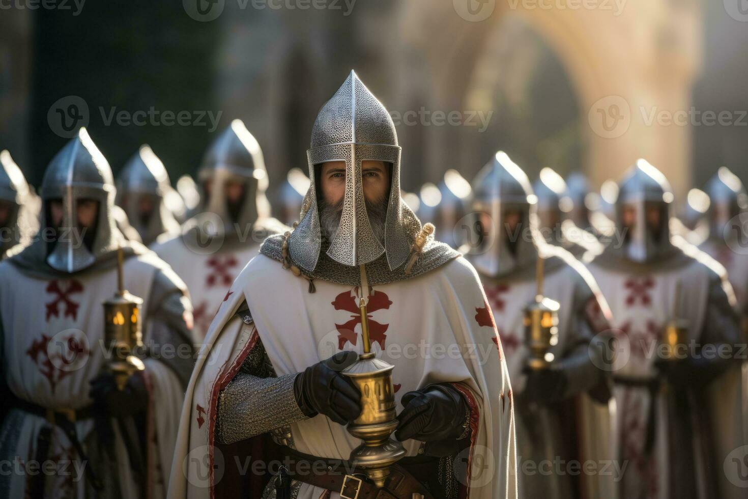 un grupo de caballeros templarios en su distintivo blanco mantos, en pie unido y Listo a defender su ideales generativo ai foto