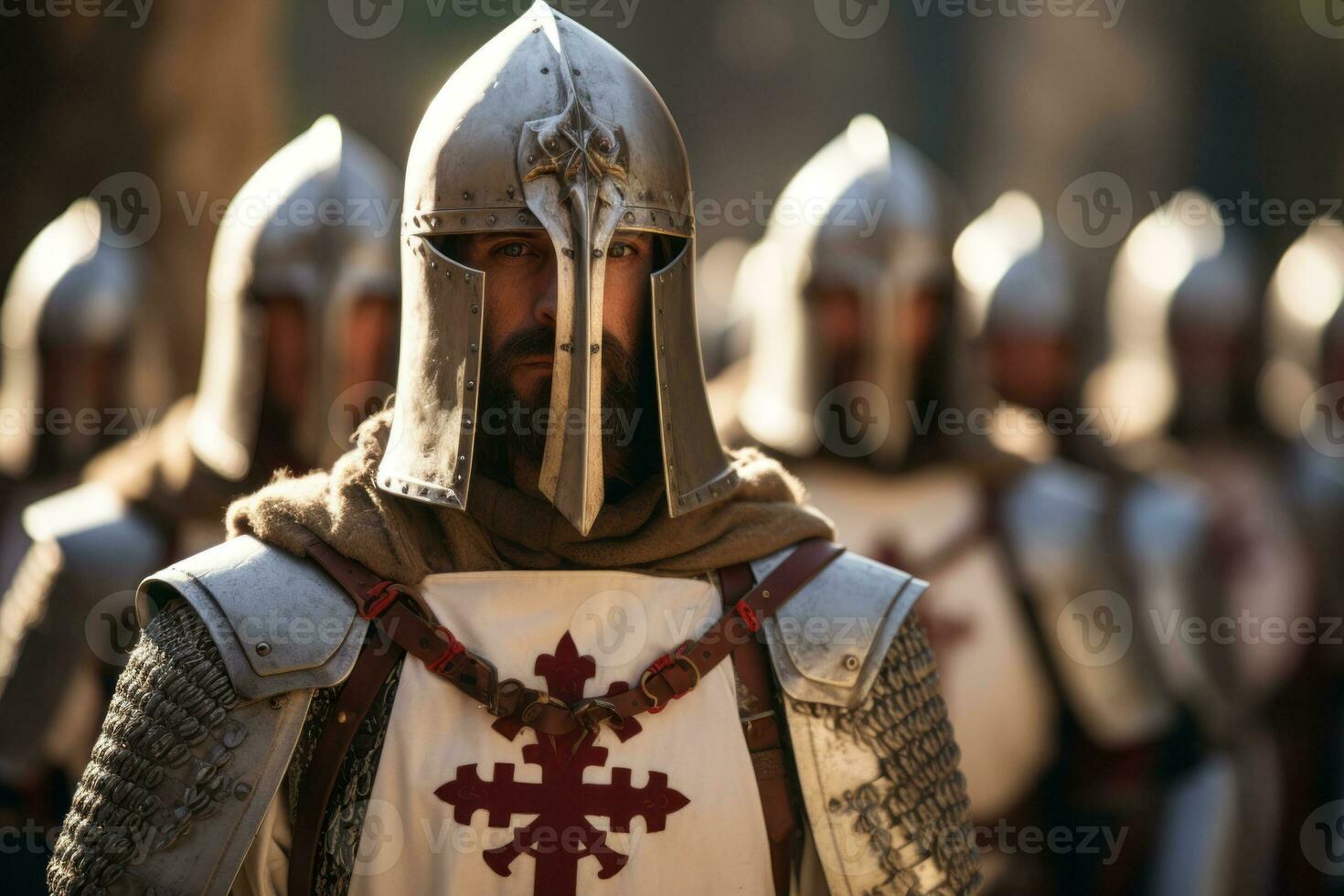 A group of Knights Templar in their distinctive white mantles, standing united and ready to defend their ideals. Generative AI photo