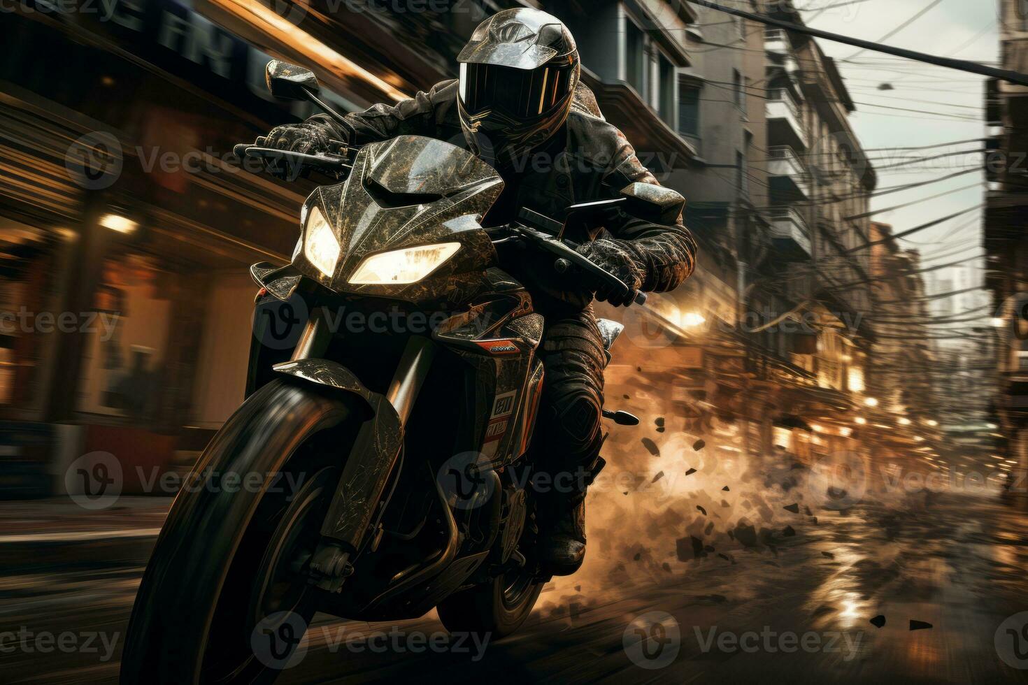 An urban scene showing a motorcycle rider navigating through city streets, embodying the excitement and energy of urban exploration. Generative AI photo