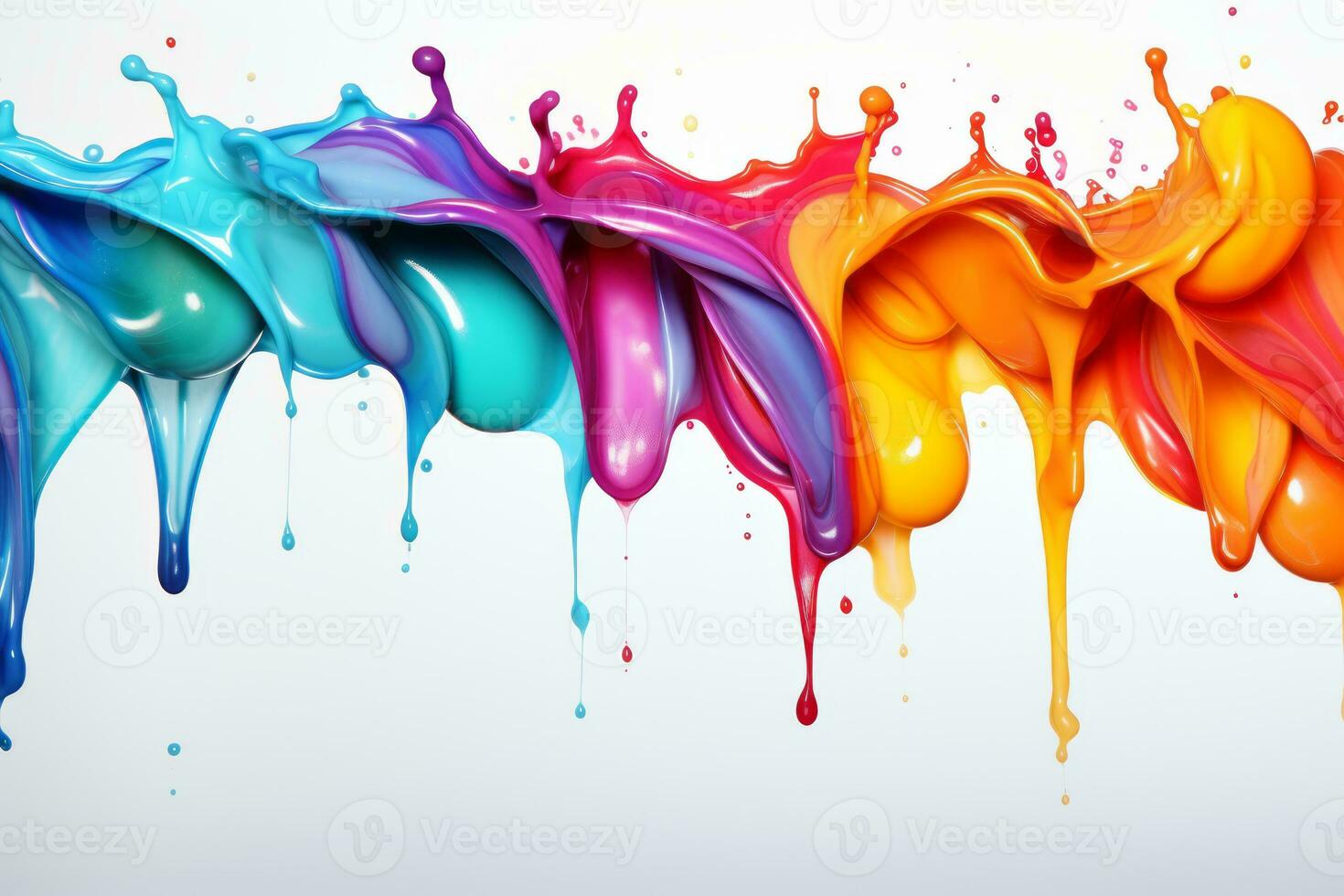 Abstract Colorful and vibrant of acrylic paint splashes on a white background. Colors of paint dripping and splashing across the surface, creating a visually appealing effect. Generative AI photo