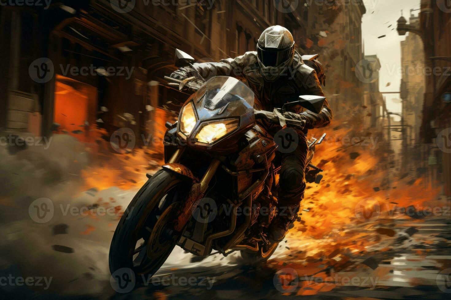 An urban scene showing a motorcycle rider navigating through city streets, embodying the excitement and energy of urban exploration. Generative AI photo
