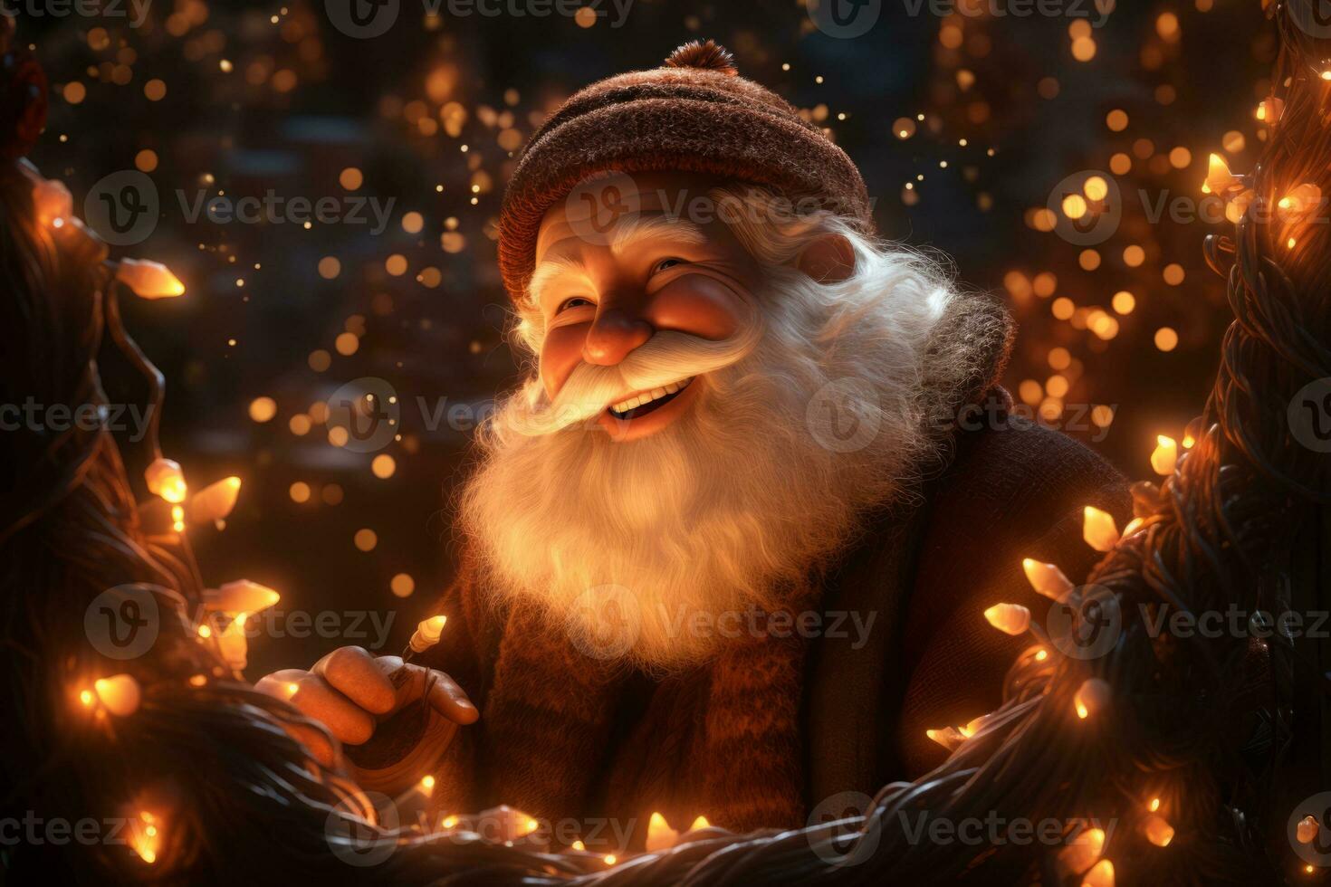 Santa Claus tangled in Christmas lights, with mischievous reindeer nearby, creating a lighthearted and comical scene. Generative AI photo