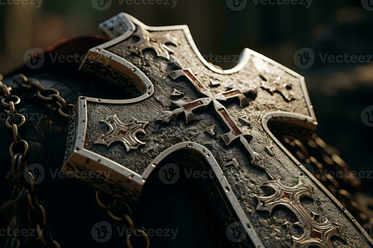 Close-up shots of the iconic symbols associated with the Knights Templar, such as the cross pattee, engraved on stone or metal surfaces. Generative Ai photo
