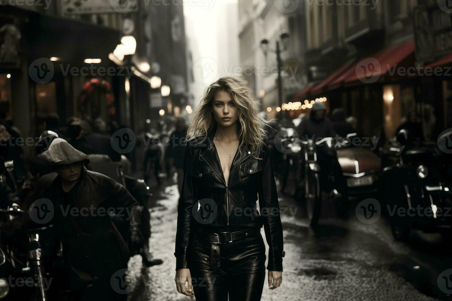 A femme fatale in a leather jacket and high boots, walking through a city street, leaving a trail of curiosity in her wake. Generative Ai photo