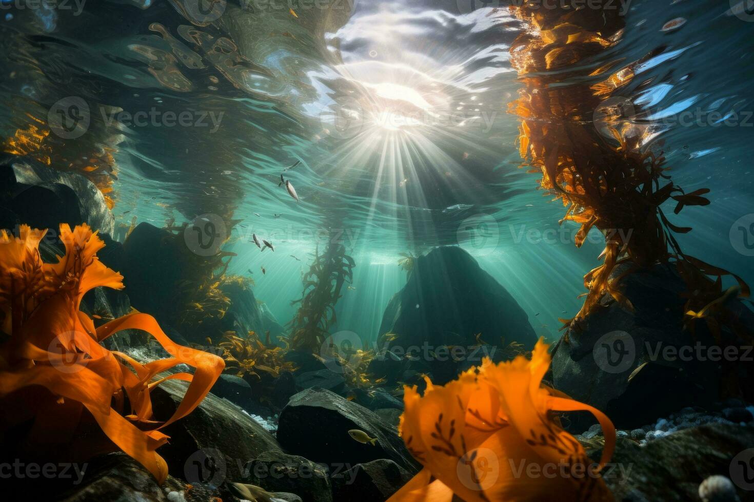 An expansive underwater shot of a vibrant kelp forest, showcasing the towering kelp plants and the diverse marine life that inhabit them. Generative Ai photo