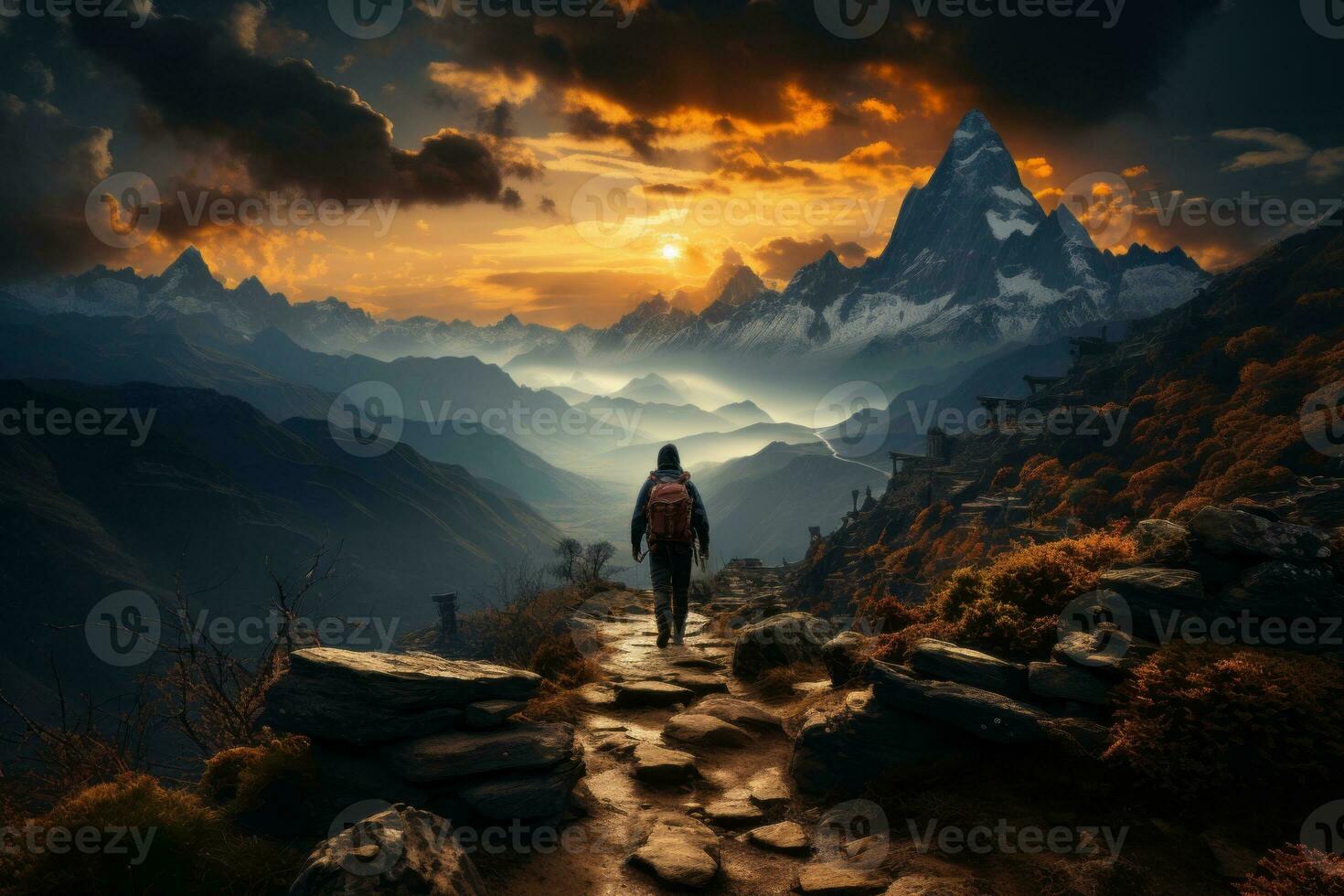 A hiker reaching the peak of a challenging trail, symbolizing the determination and perseverance needed to conquer fitness goals. Generative AI photo