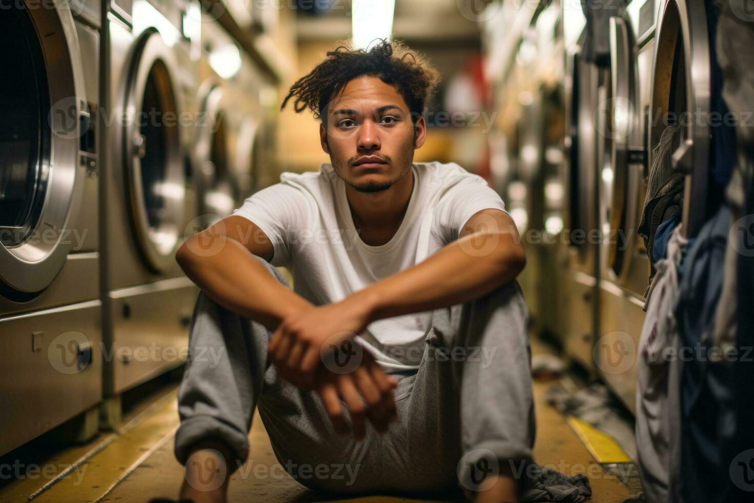 Young man waiting in laundry, sitting on the floor. Generative Ai photo