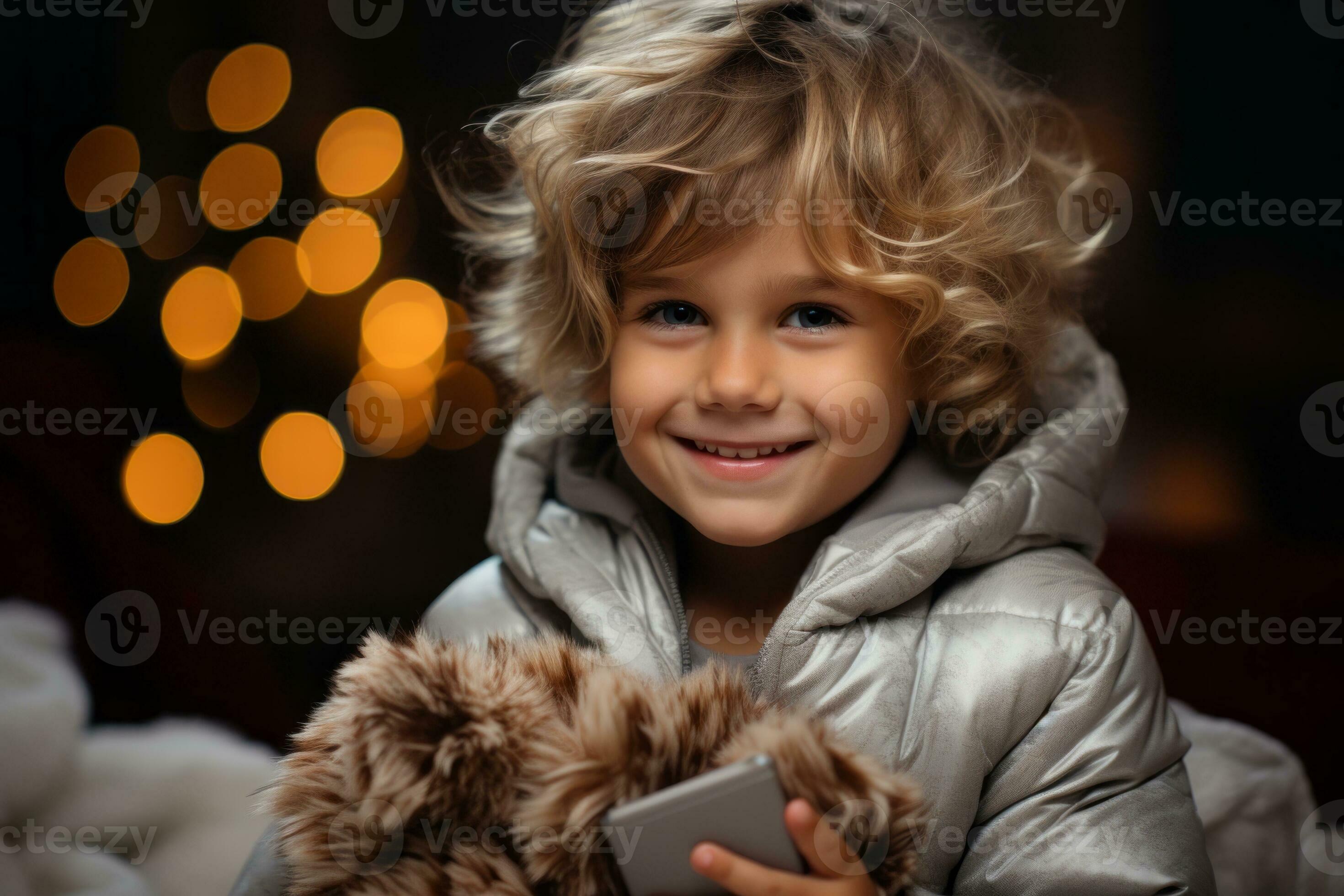 Child holding Christmas gift in front christmas tree. Concept december holidays. Generative Ai