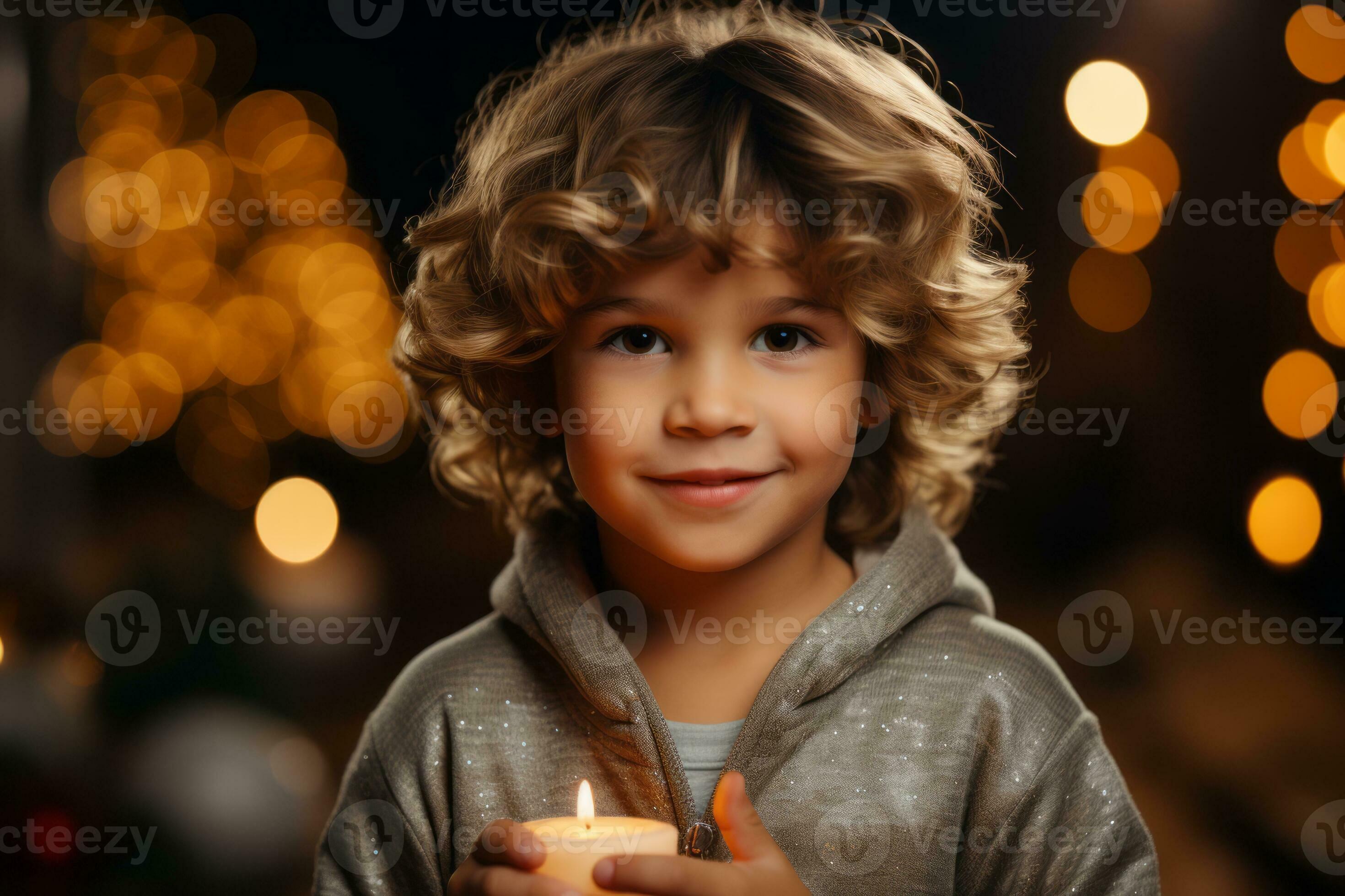 Child holding Christmas candle in front christmas tree. Concept december holidays. Generative Ai