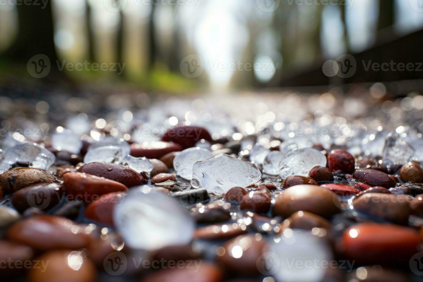 Close-up shots of hailstones of various sizes lying on the ground, showcasing the impact of their destructive force. Generative Ai photo