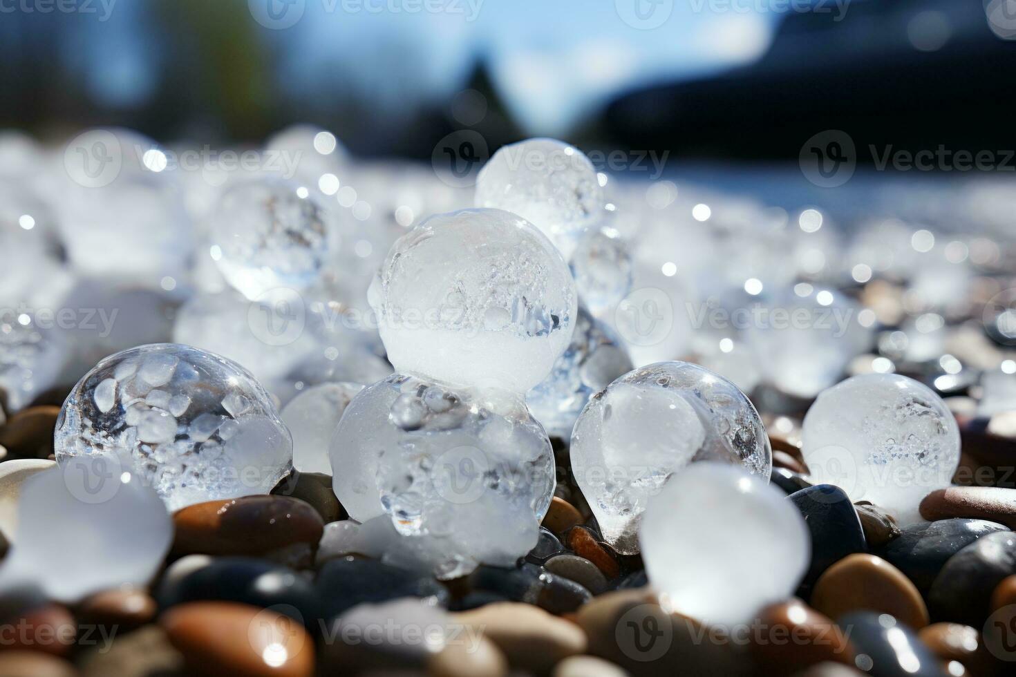 Close-up shots of hailstones of various sizes lying on the ground, showcasing the impact of their destructive force. Generative Ai photo