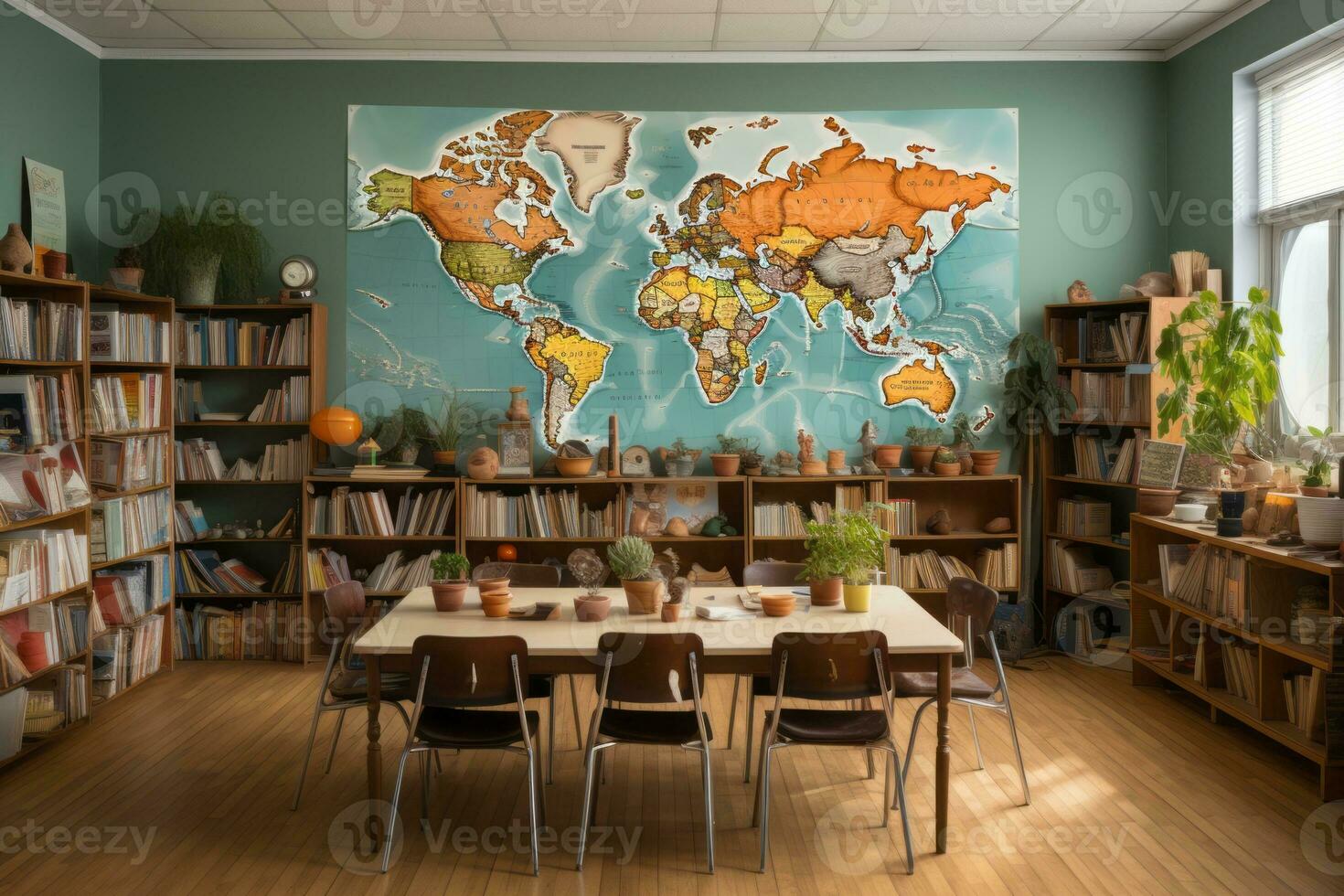An unoccupied language classroom with maps, whiteboards, and foreign language books, evoking a sense of cultural exploration. Generative Ai photo
