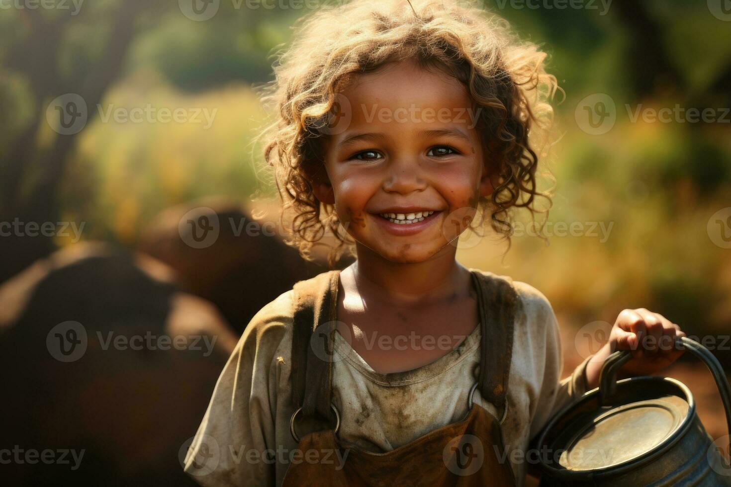 Depicting a african child carrying a bucket of clean water from a newly installed well, illustrating the impact of access to basic necessities. Generative AI photo