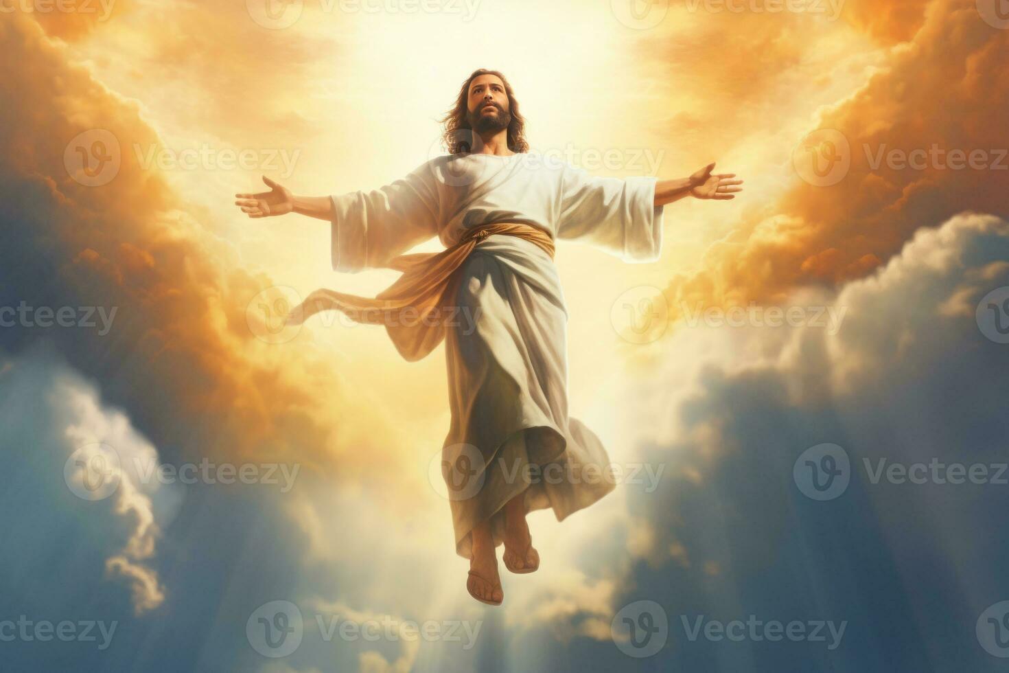 Jesus Christ ascends to heaven illuminated by a beam of light in a sky with pastel colored clouds. Generative Ai photo