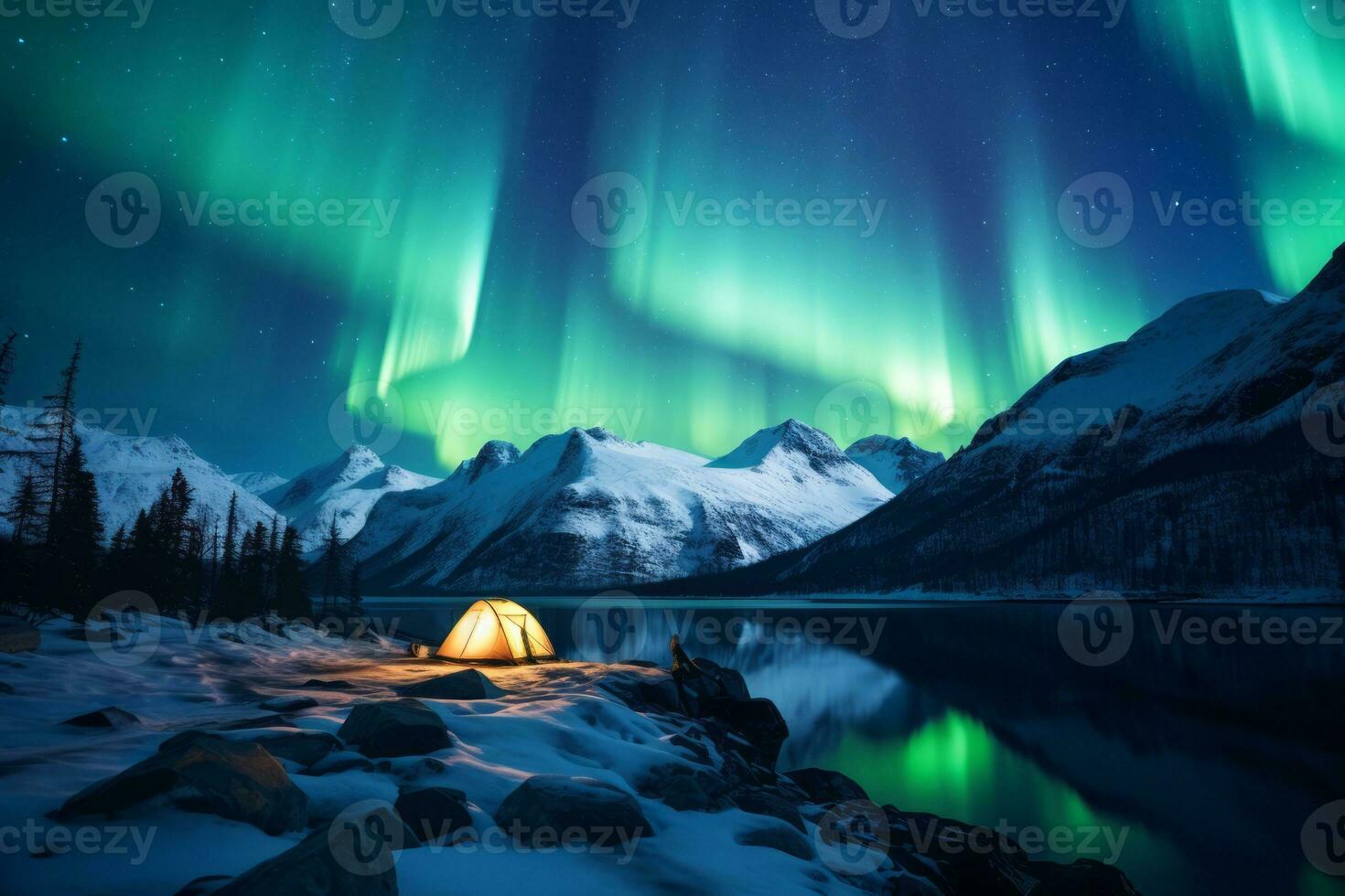 Scenic view of illuminated tent on snowy mountains with northern lights, aurora borealis on a blue night sky. Generative Ai photo