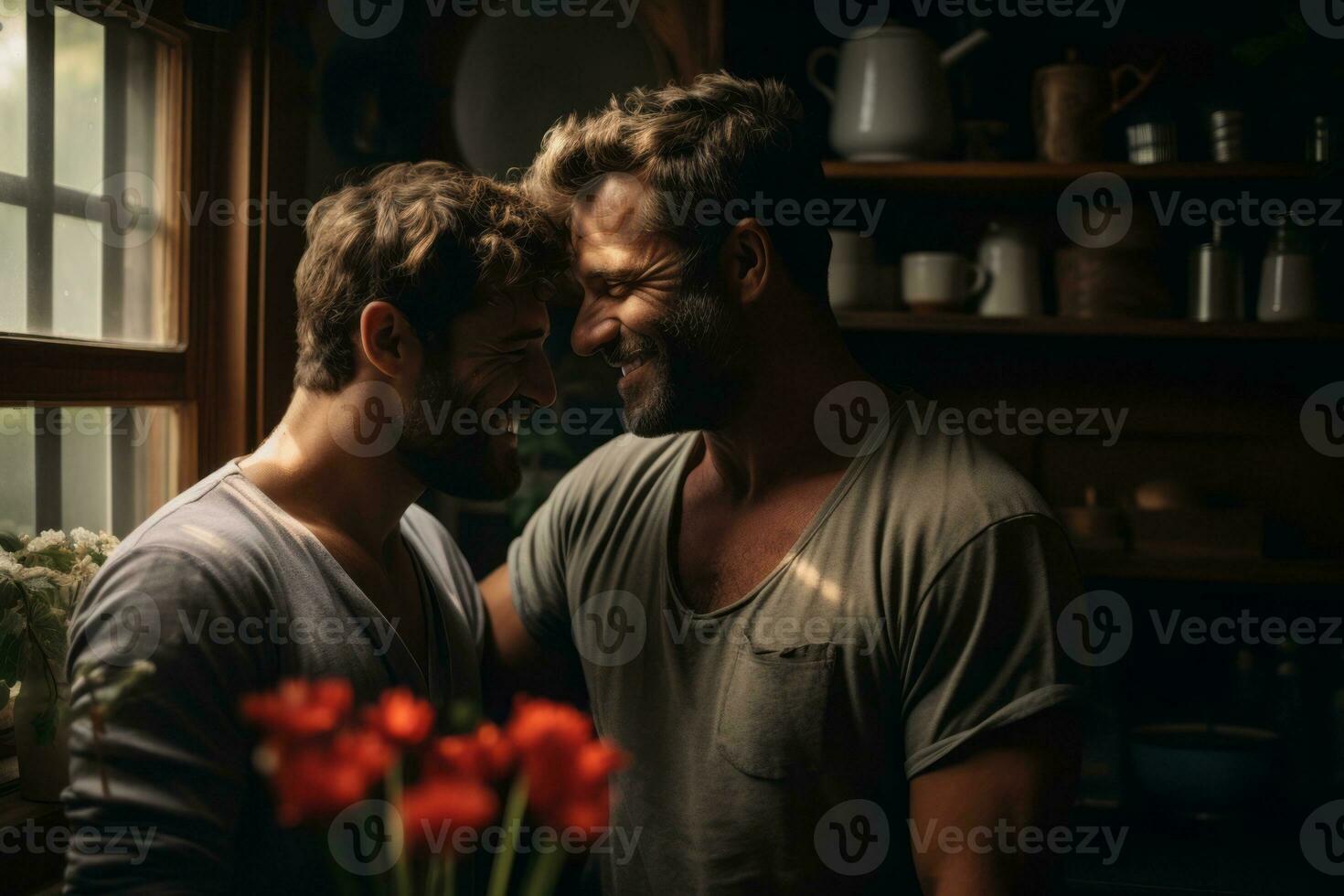 Emotional connection of a gay couple In love at home. Generative Ai photo