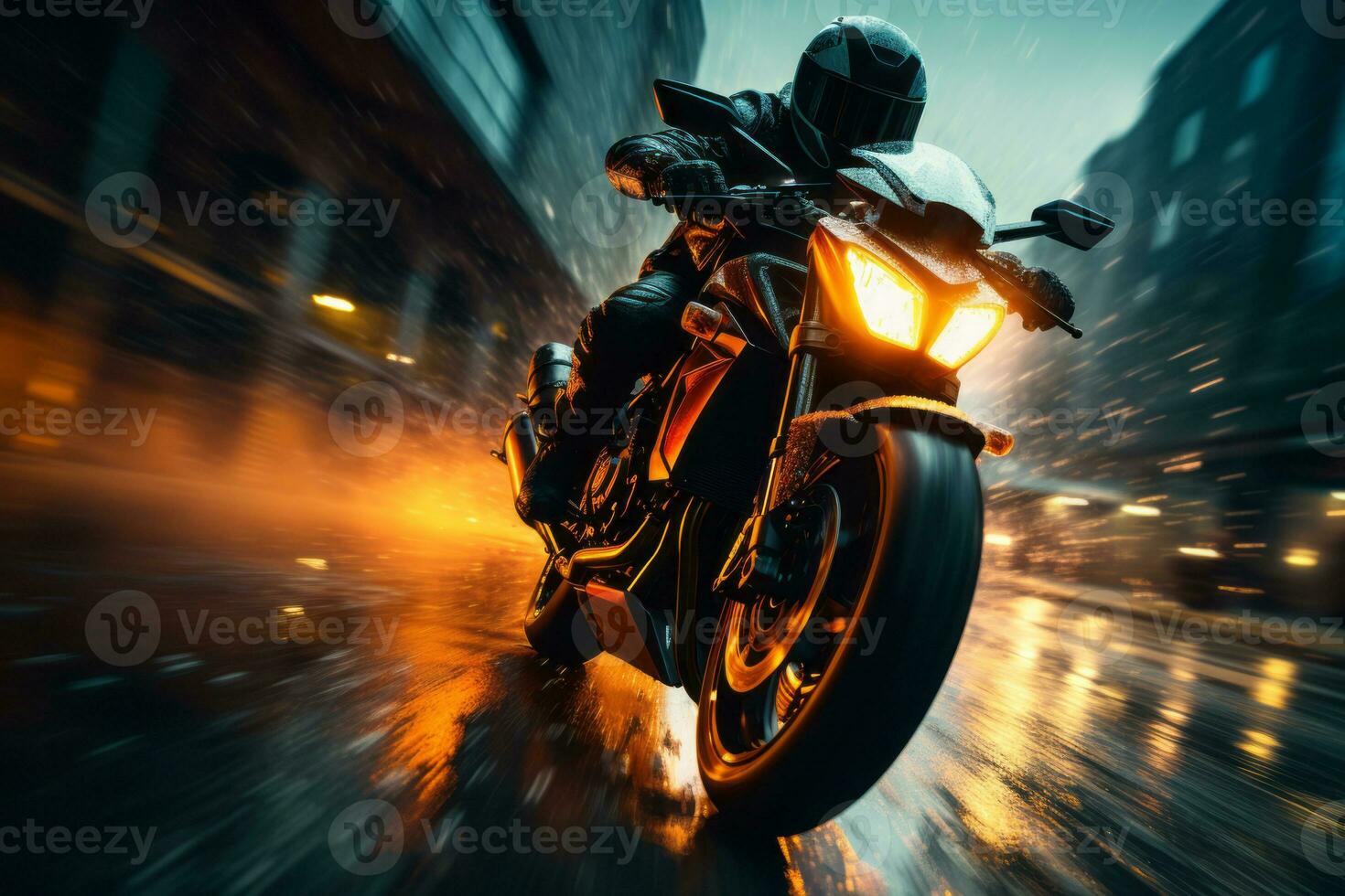 Motorcycle's powerful engine and the rider's intense focus, embodying the adrenaline of high-speed riding. Generative Ai photo