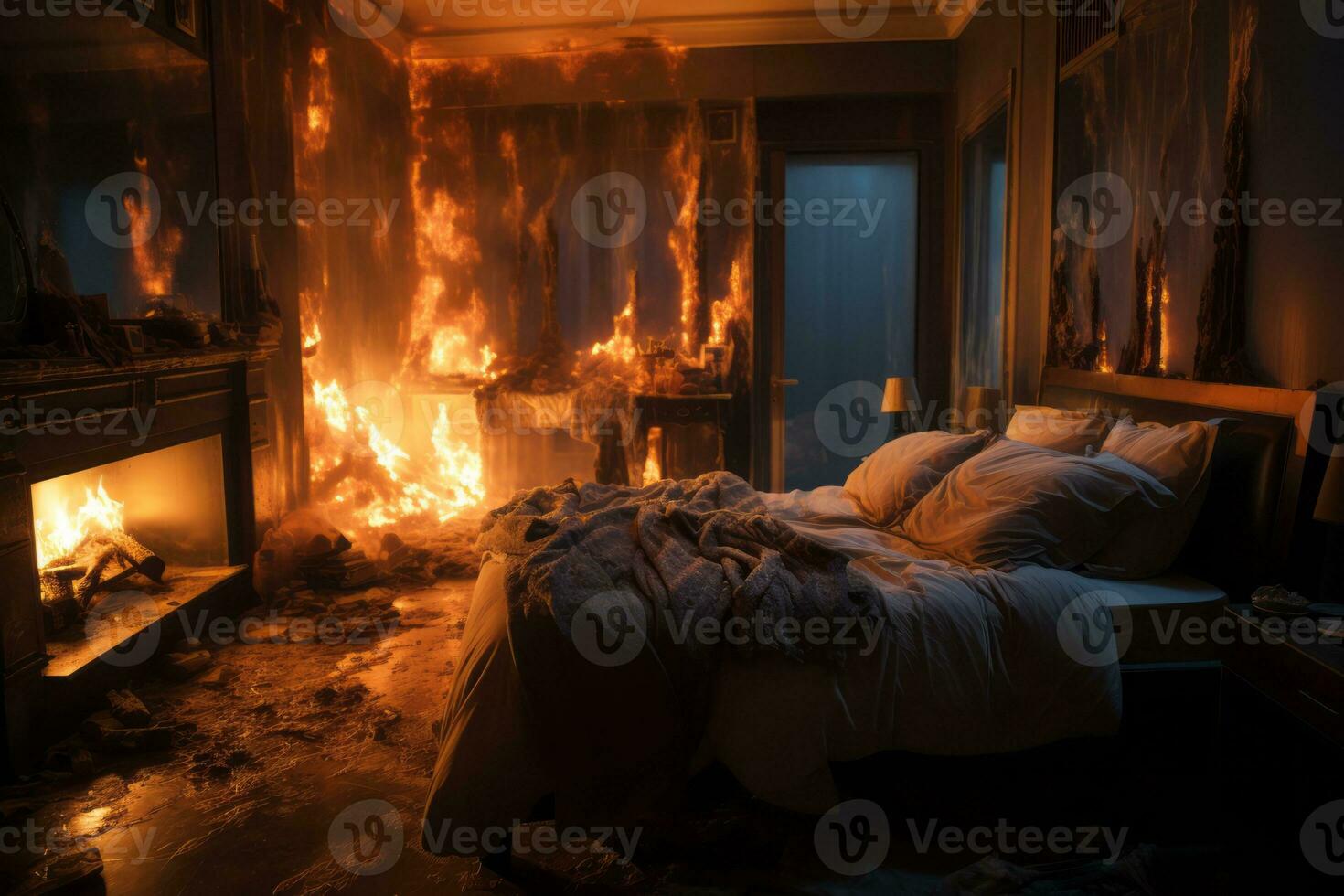 Fire burning inside the bedroom of the residential house. Generative Ai