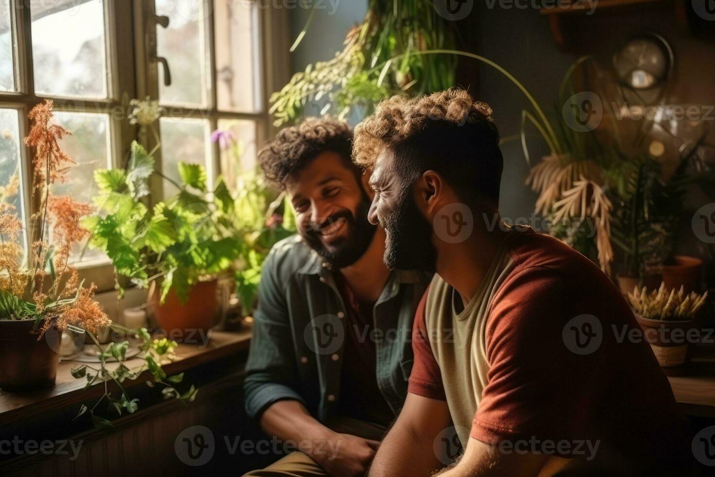 Emotional connection of a gay couple In love at home. Generative Ai photo