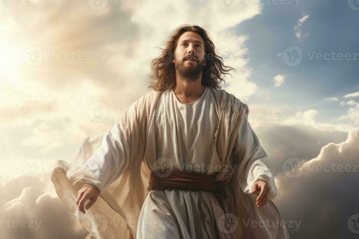 Jesus Christ ascends to heaven illuminated by a beam of light in a sky with pastel colored clouds. Generative Ai photo