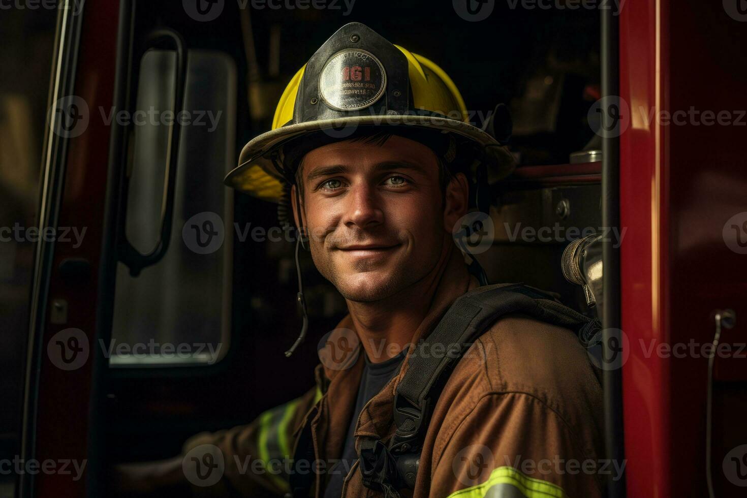 Firefighter near of the door of his truck . Generative Ai photo