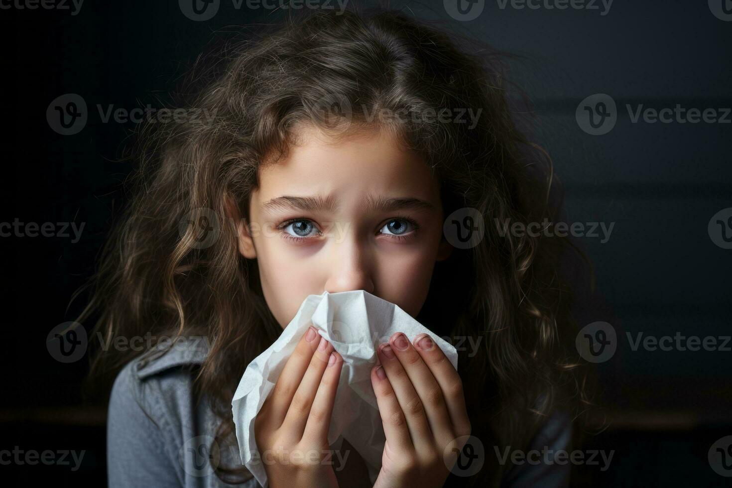 Sick schoolgirl coughs and blows nose wiping with white paper napkin. Concept kids and seasonal diseases.Generative Ai photo