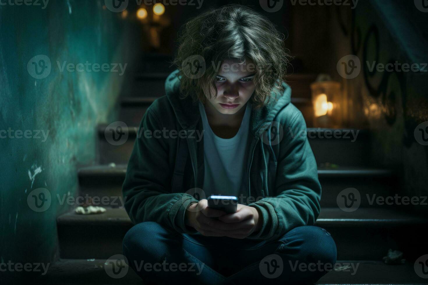 Teenager girl sitting on stairs with her smartphone beside her negative emotion. Generative Ai photo