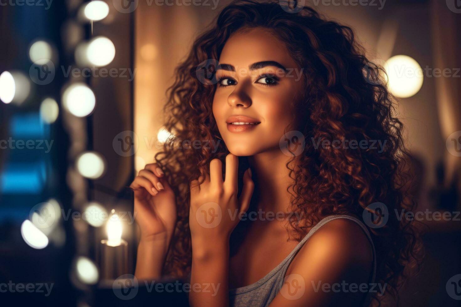 A young woman applying makeup in front of a well-lit vanity mirror, demonstrating beauty routines and self-care practices. Generative AI photo