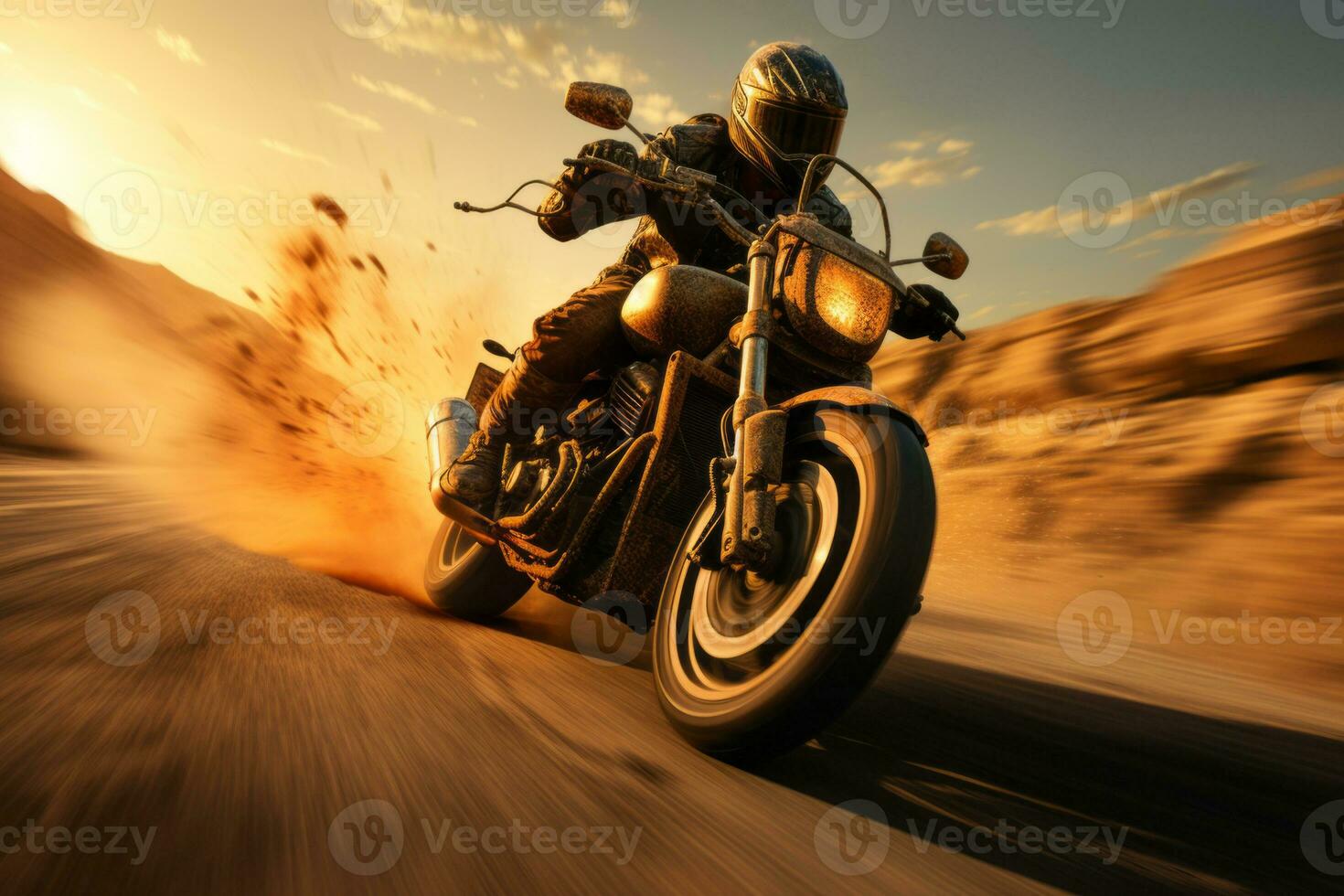 A motorcycle rider cruising on an open road, portraying the thrill of riding and the sense of freedom it brings. Generative AI photo