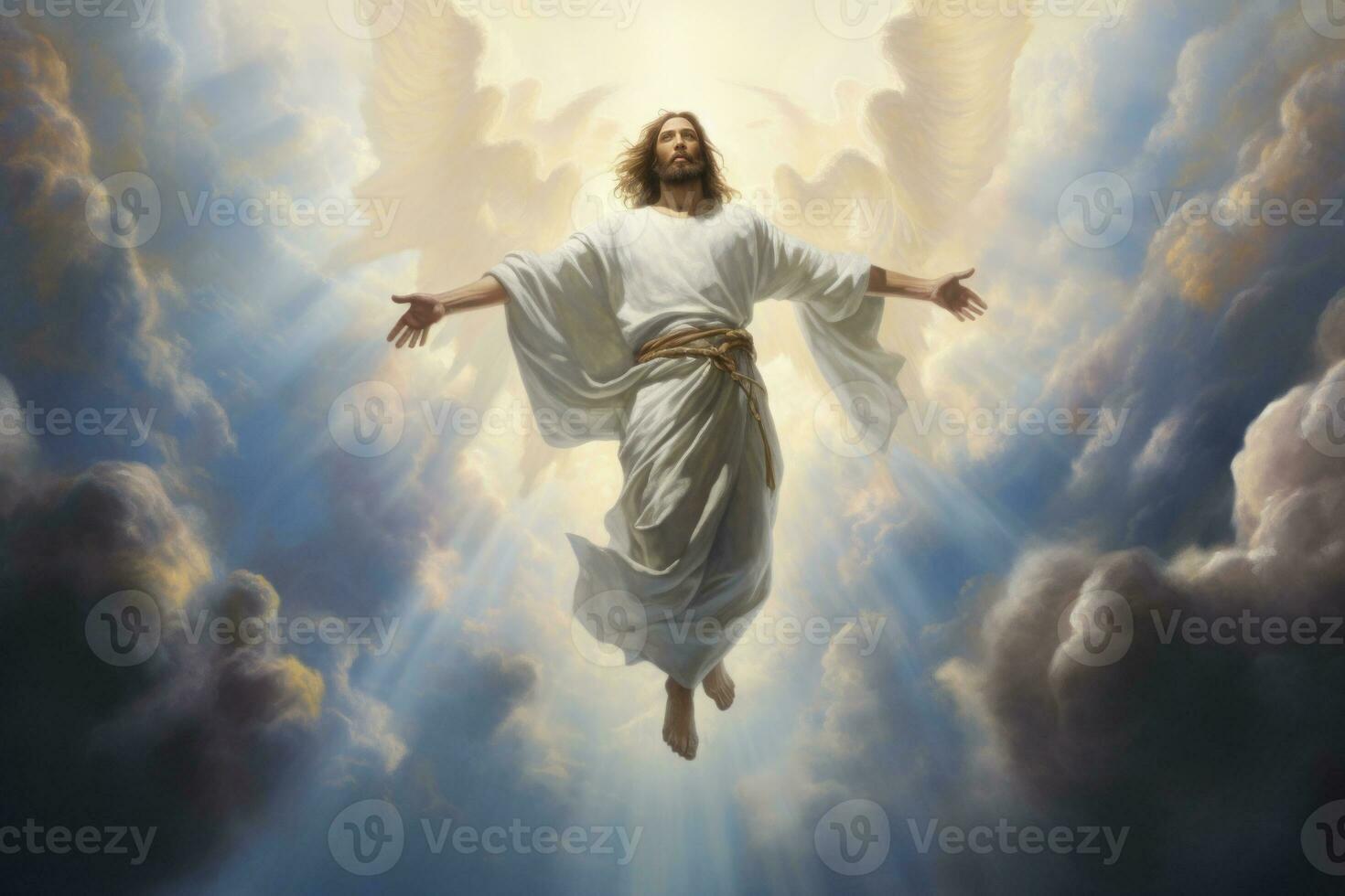 Jesus Christ ascends to heaven illuminated by a beam of light in a sky with pastel colored clouds. Generative Ai photo