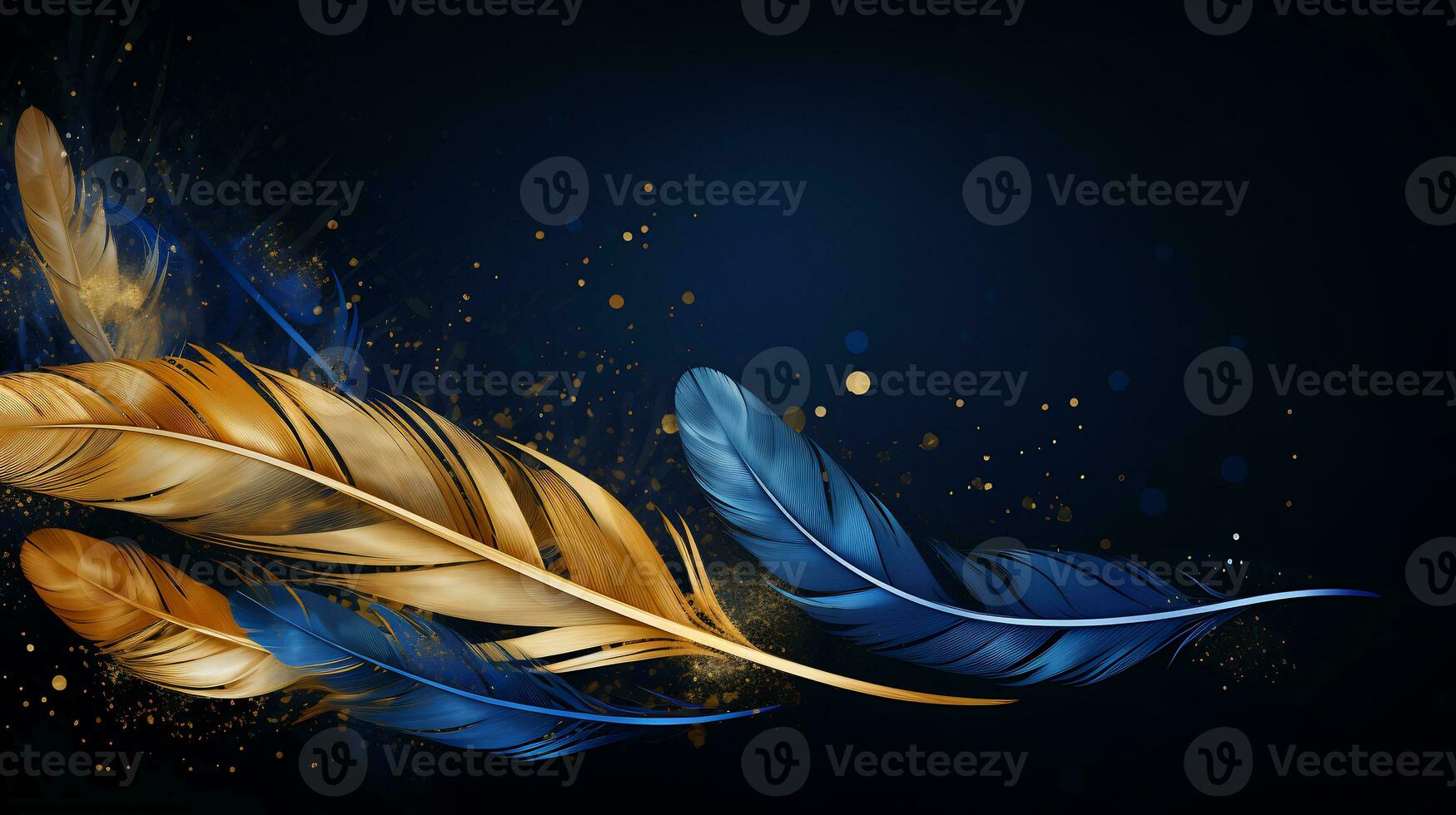 Golden and blue indigenous feather copy space AI Generative background photo