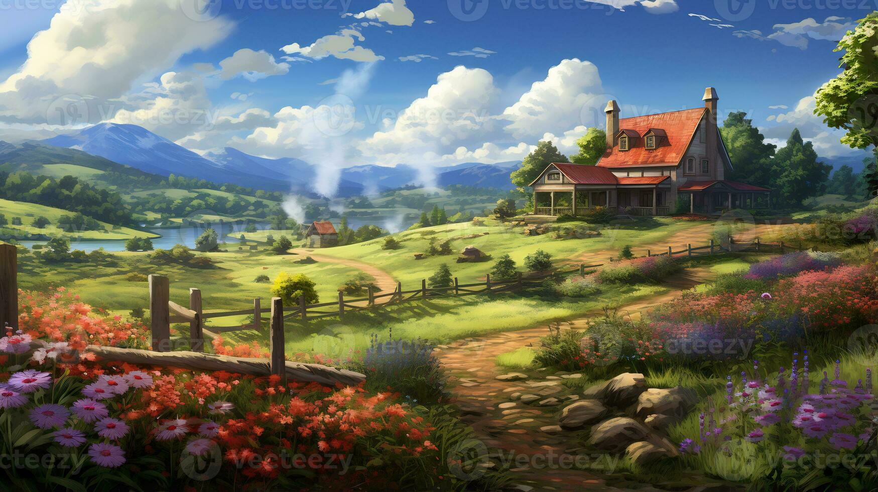 AI Generative idyllic rural landscape with a charm farmhouse photo