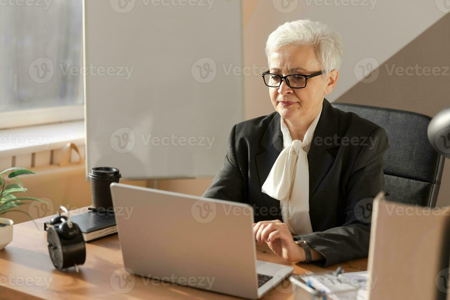 Confident stylish european middle aged senior woman using laptop at workplace. Stylish older mature 60s gray haired lady businesswoman sitting at office table. Boss leader teacher professional worker. photo