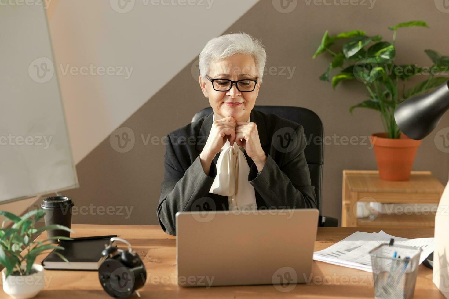 Confident stylish european middle aged senior woman using laptop at workplace. Stylish older mature 60s gray haired lady businesswoman sitting at office table. Boss leader teacher professional worker. photo