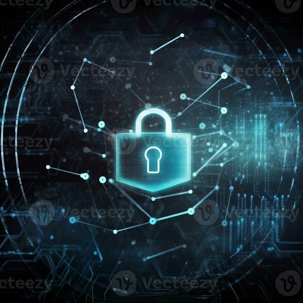 security concept with padlock on cyber network background. Generative AI photo