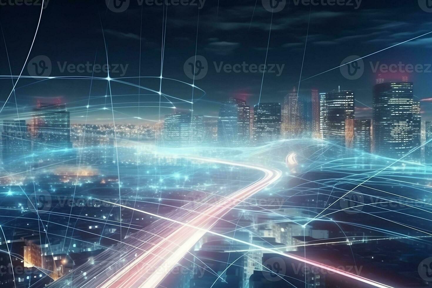 the city is lit up with network lines and lights. Generative AI photo