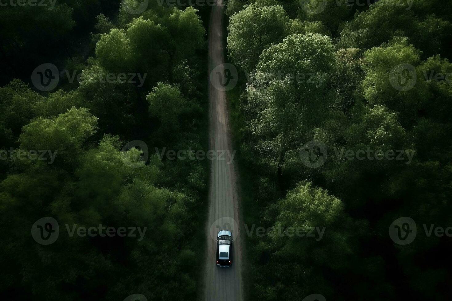 an aerial view of a car driving down a road through a forest. Generative AI photo