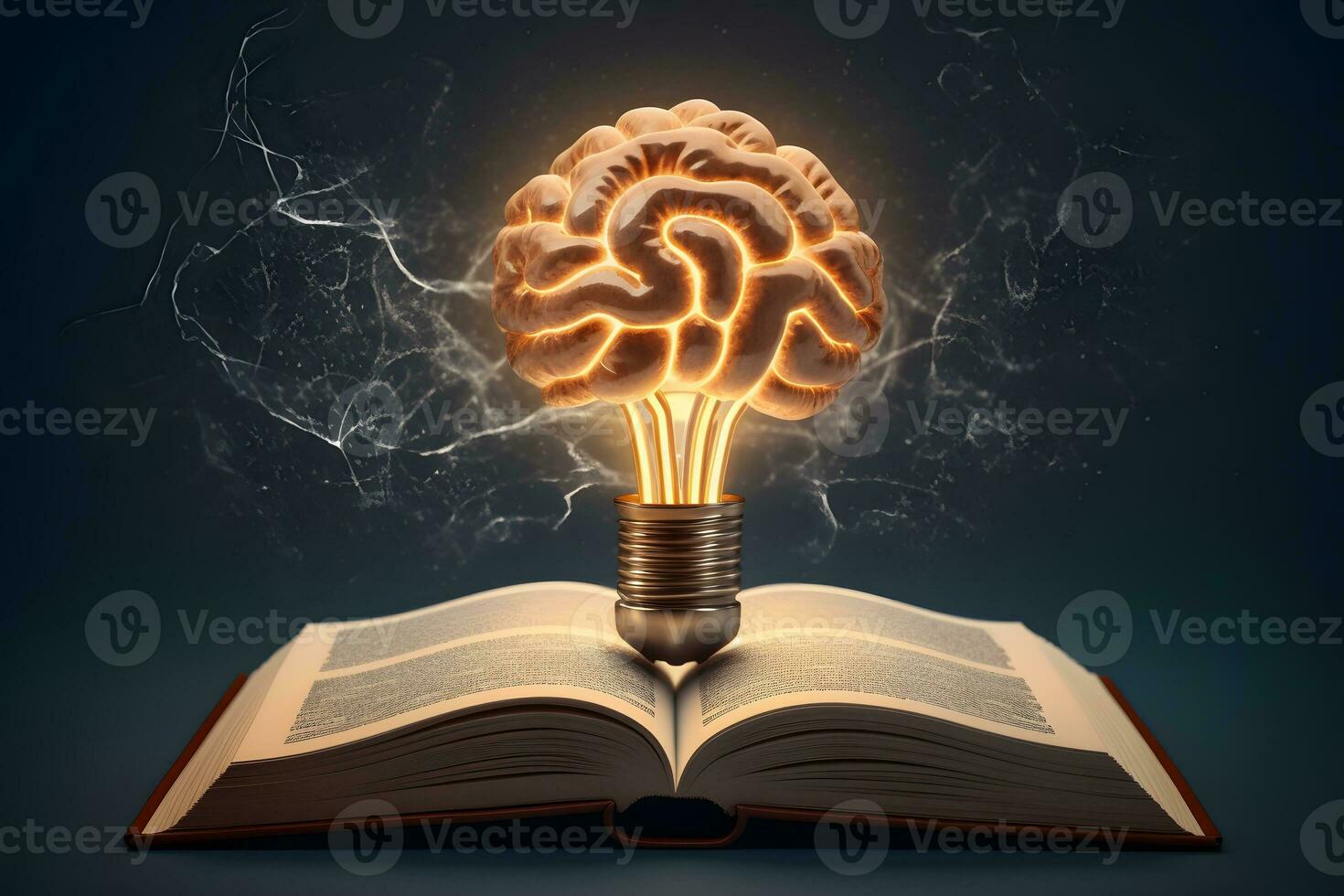 an open book with a light bulb inside it and a brain. generative ai photo