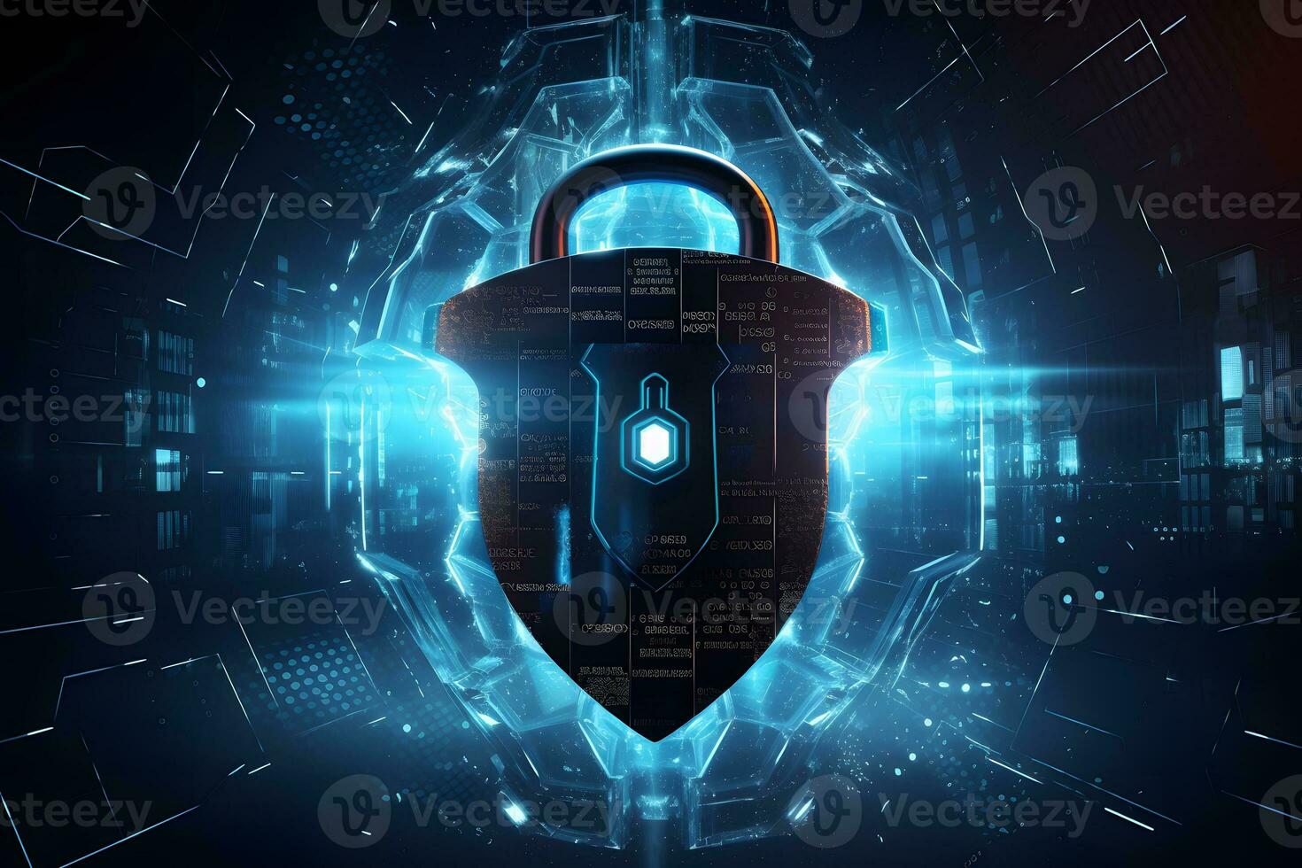 the lock is surrounded by glowing lights. generative ai photo