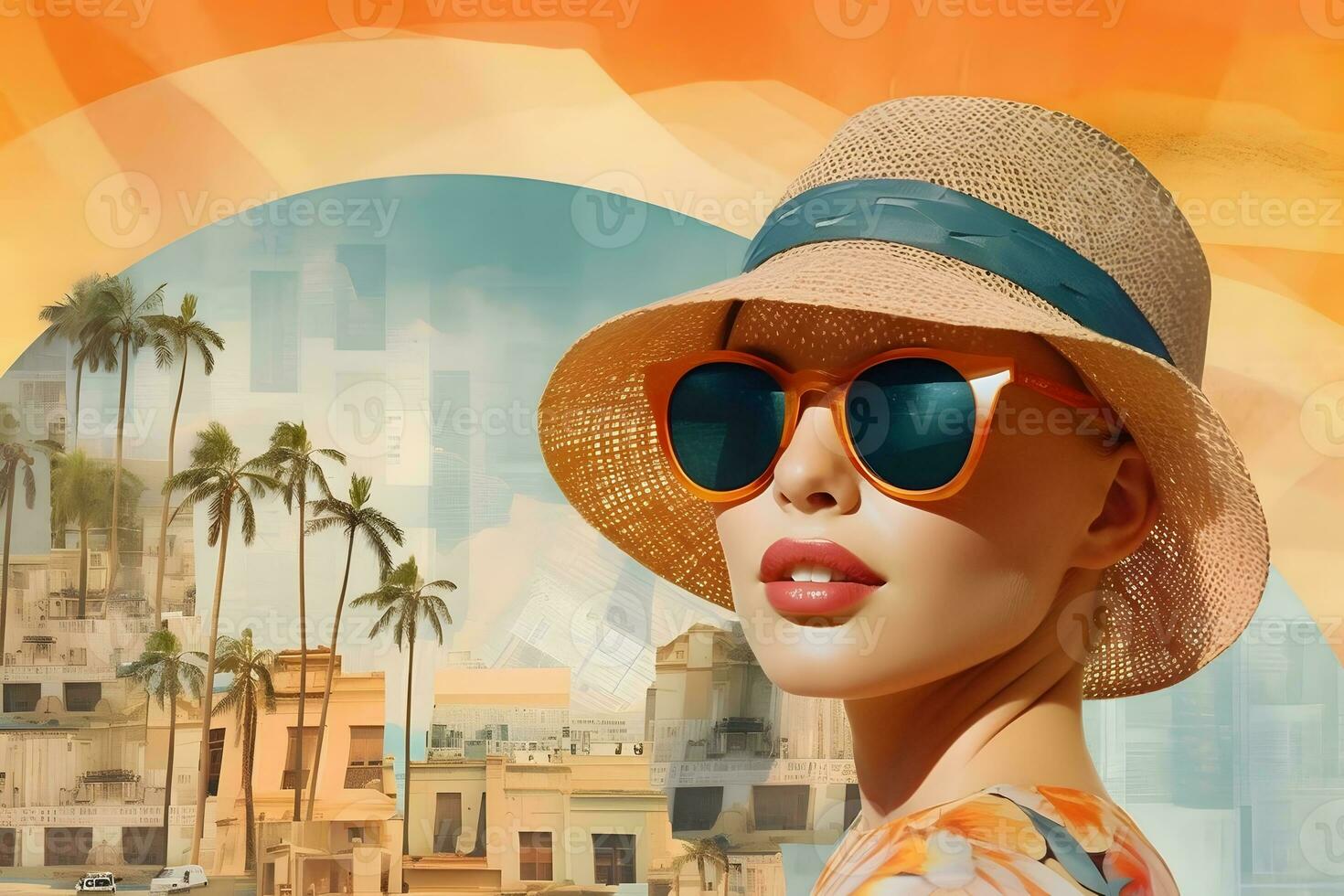 a woman wearing a hat and sunglasses in front of a city. generative ai photo