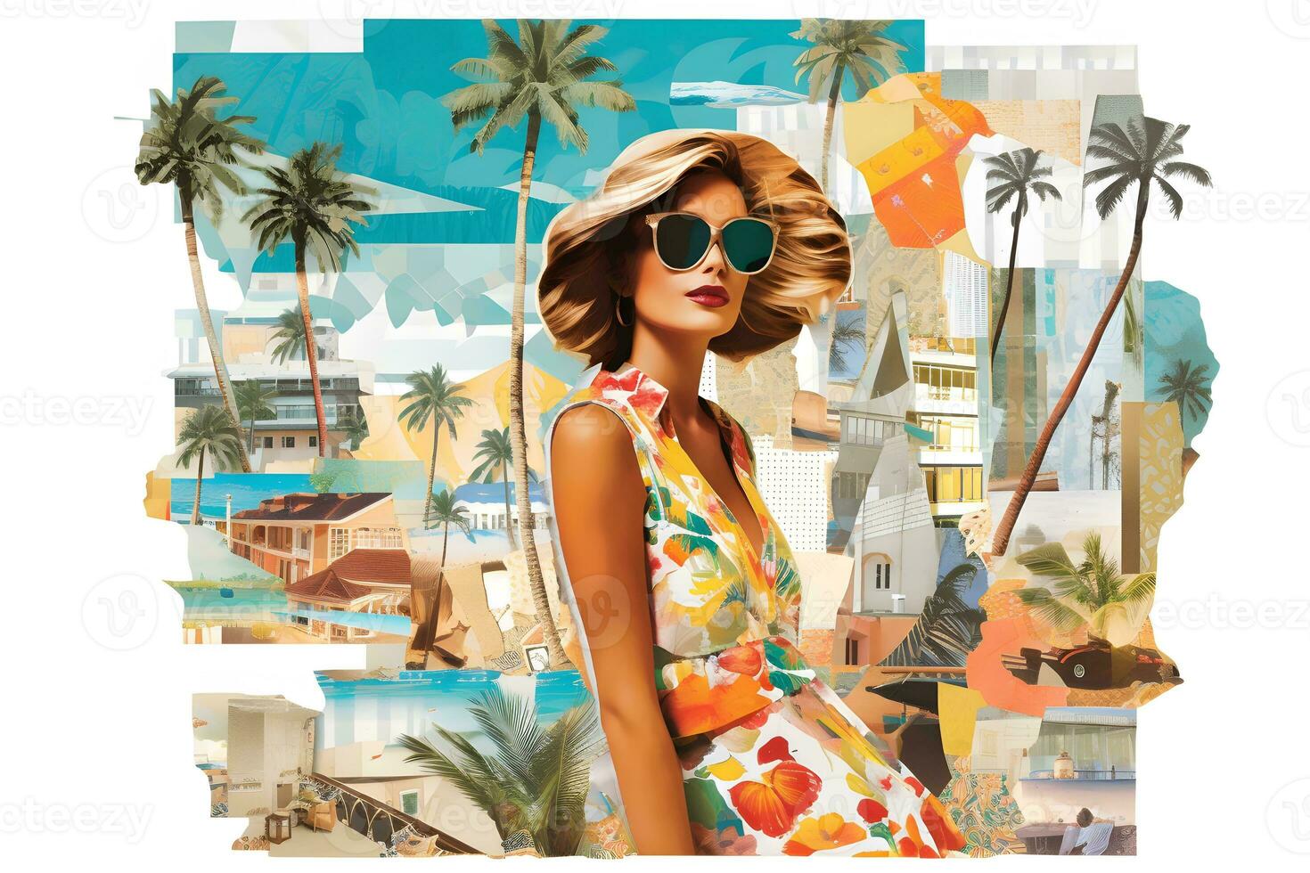 a woman in a colorful dress and sunglasses is standing in front of palm trees. generative ai photo