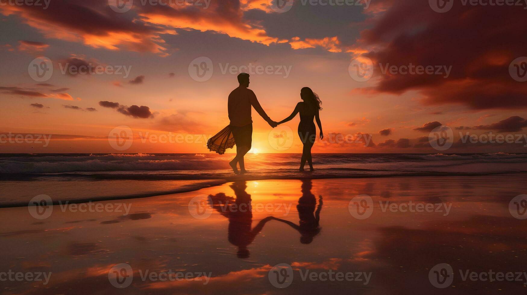 couple holding hands on the beach at sunset. Generative AI photo