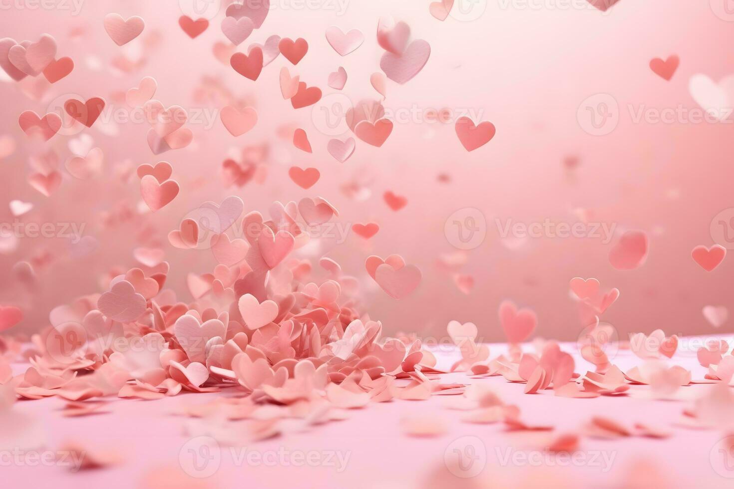 pink hearts falling from the sky on a pink background. Generative AI photo