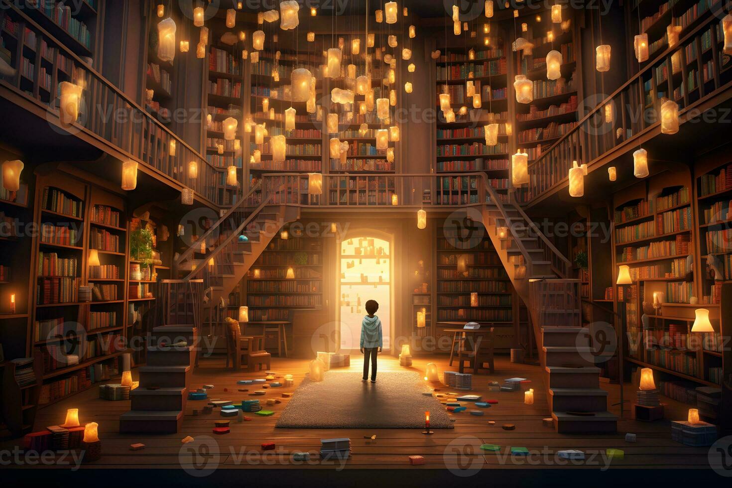 a man standing in front of a library filled with books. Generative AI photo