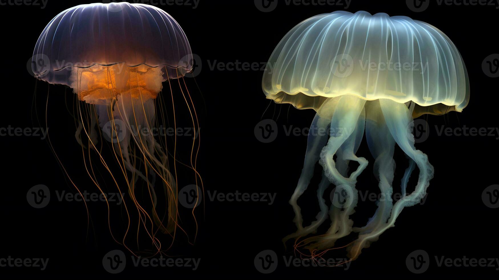 two jellyfishs are shown in the dark. Generative AI photo