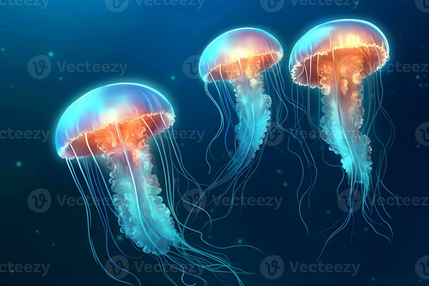 glowing sea jellyfishes on glowing blue background. Generative AI photo