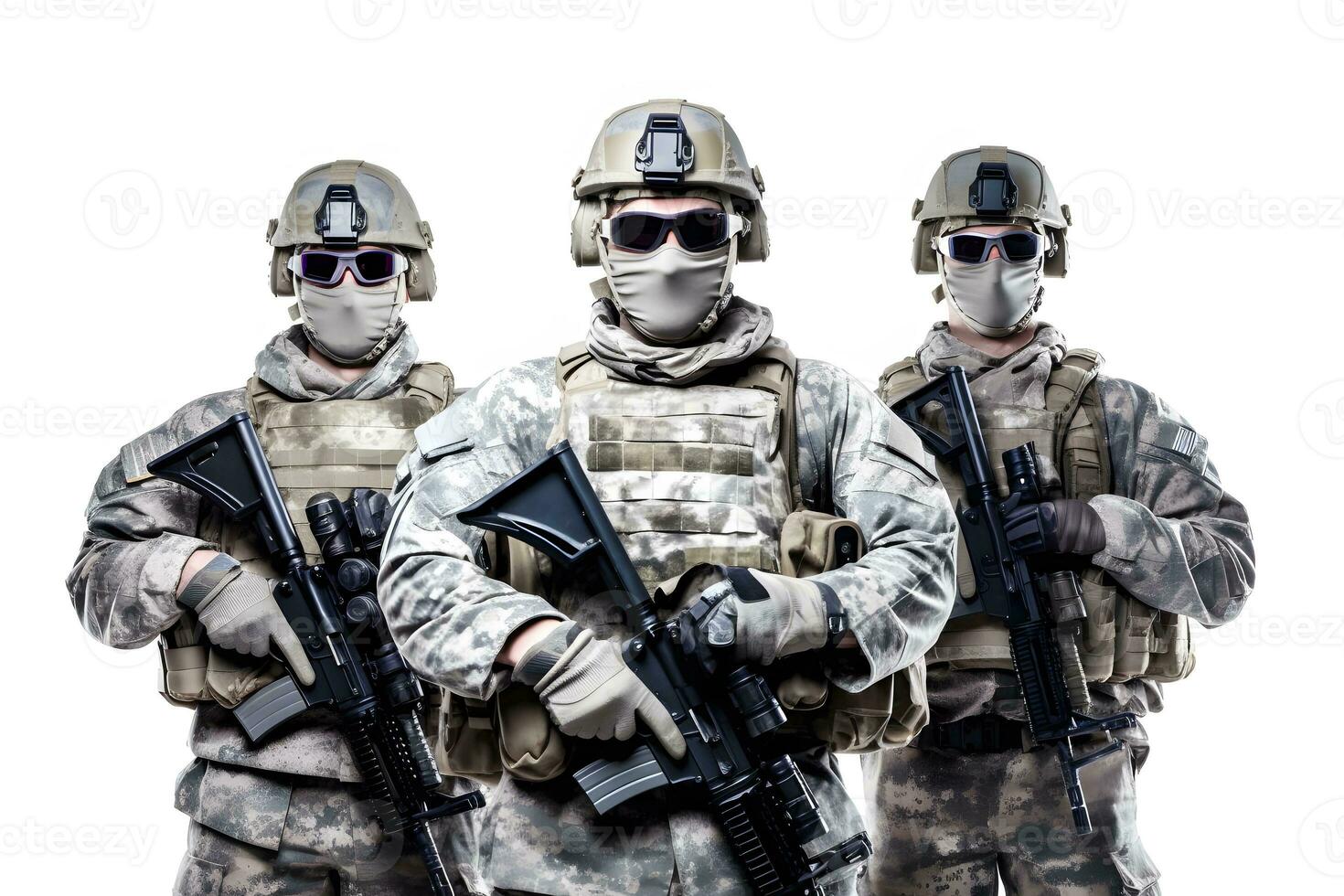 three soldiers in camouflage gear with guns. Generative AI photo