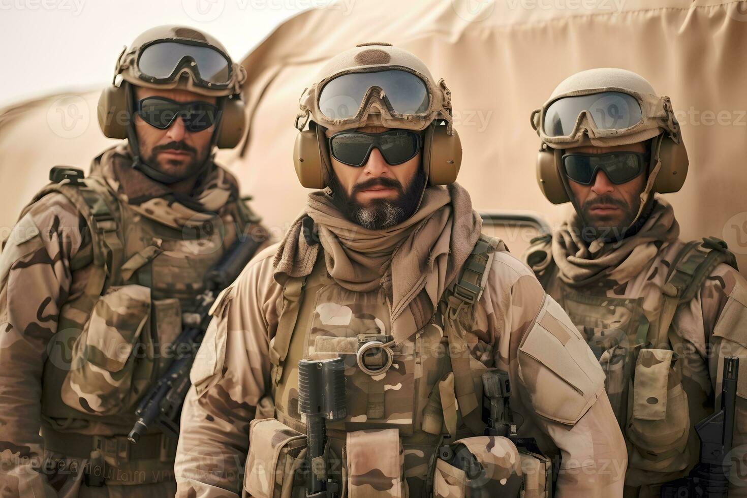 three soldiers in military gear standing next to each other. Generative AI photo