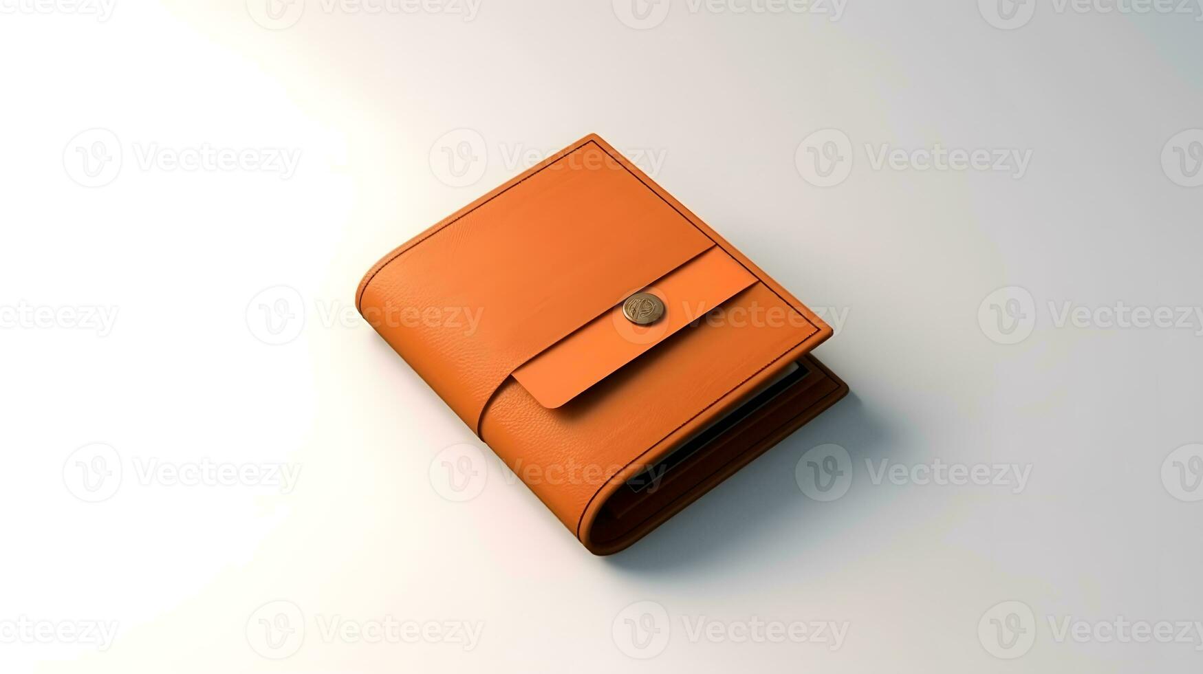 an orange wallet sitting on a white surface. Generative AI photo