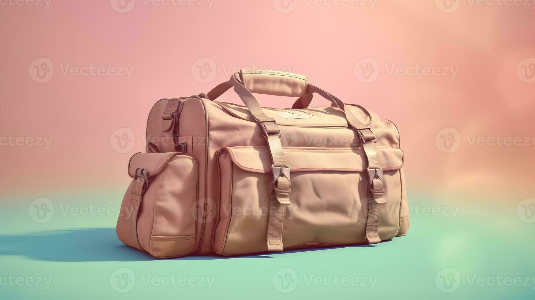 old suitcase. bag with a gift. on light pastel background. generative ai photo